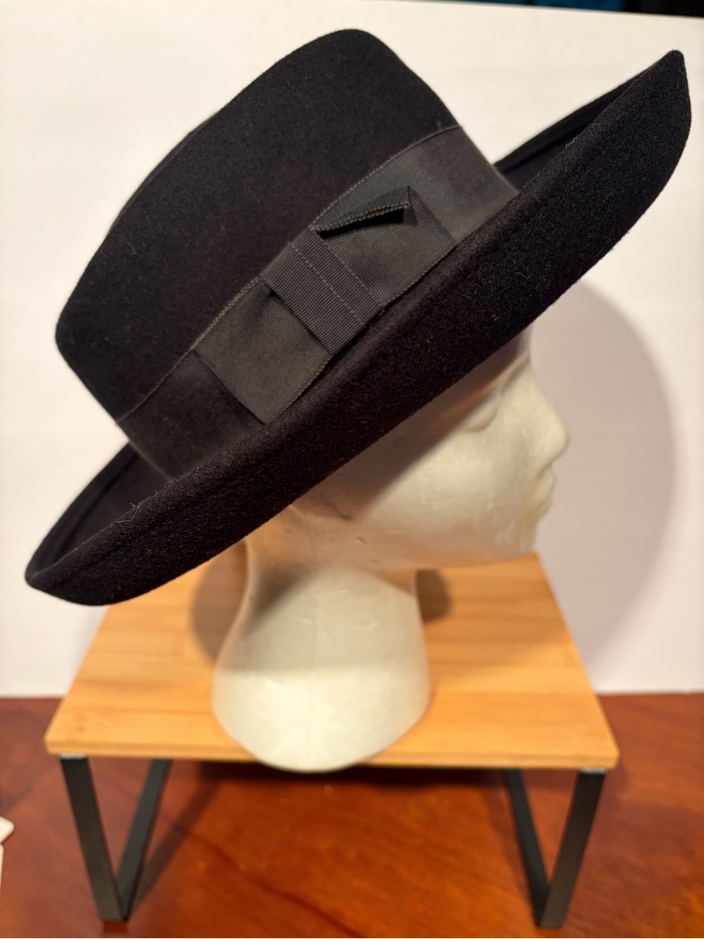 Madcaps Women’s 100% Wool Black Wide-Brim Hat. Gray Ribbon Trim. Sophisticated